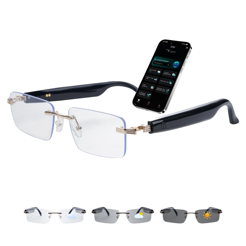 AI Smart Glasses for Men & WomenSpring-hinged Bluetooth 6.0 Smart Glasses with 164 Languages (Real-Time Translation), Photochromic LensFree AppRimless AI Translator Glasses for Work/Travel (Black