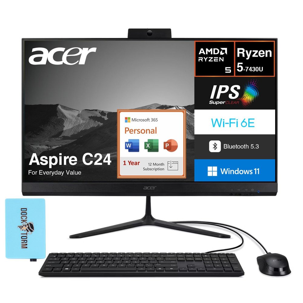 acer Aspire C24 Everyday Value All-in-One 23.8" FHD (AMD Ryzen 5 7430U, 32GB DDR4, 2TB PCIe SSD, AMD Radeon, Win 11 Home) w/MS 365 Personal, DKZ USB Port Expander