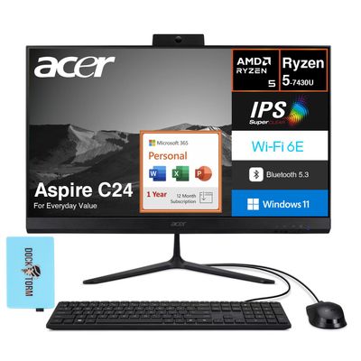 acer Aspire C24 Everyday Value All-in-One 23.8" FHD (AMD Ryzen 5 7430U, 16GB DDR4, 2TB PCIe SSD, AMD Radeon, Win 11 Pro) w/MS 365 Personal, DKZ USB Port Expander