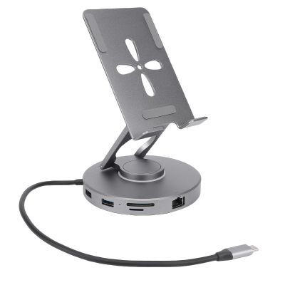 FAUOSWUK USB C Docking Station Stand, 11 in 1 Aluminum Alloy Tablet Stand with Card Reader 3.5mm Jack USB 3.0 100W PD, for Laptops Tablets Gaming Consoles