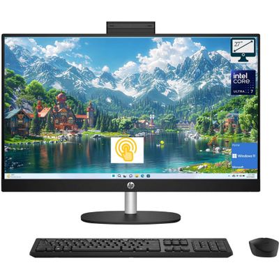 HP 27" FHD Touchscreen IPS Anti-Glare Intel Ultra 7 AI All-in-One Desktop, 27" FHD Touchscreen, Intel Ultra 7 255U, 16GB DDR5 RAM, 1TB SSD, Wireless Keyboard and Mouse, Wi-Fi 6, W11H,Black