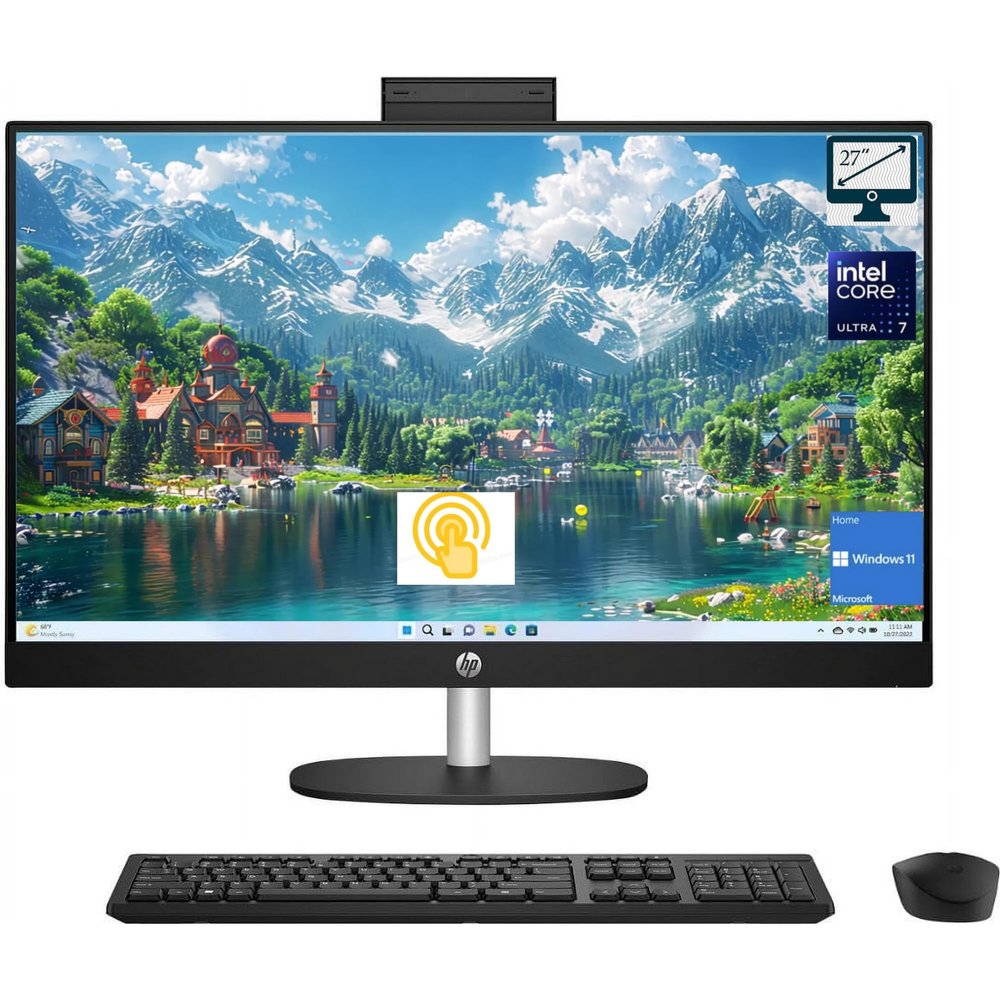 HP 27" FHD Touchscreen IPS Anti-Glare Intel Ultra 7 AI All-in-One Desktop, 27" FHD Touchscreen, Intel Ultra 7 255U, 16GB DDR5 RAM, 1TB SSD, Wireless Keyboard and Mouse, Wi-Fi 6, W11H,Black