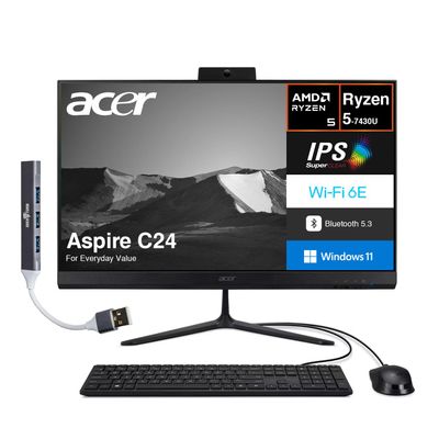 acer Aspire C24 Everyday Value All-in-One 23.8" IPS FHD Display (AMD Ryzen 5 7430U, 64GB DDR4, 1TB PCIe SSD, AMD Radeon, WiFi 6E, Webcam, Bluetooth 5.3, Win 11 Home) w/DKZ USB Port Expander
