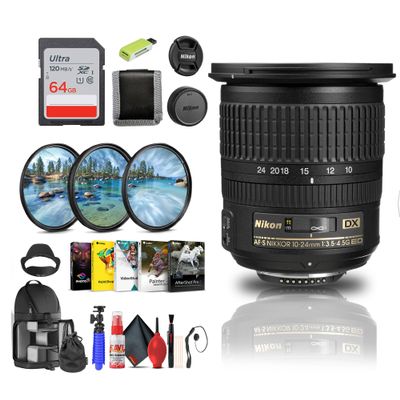 Nikon AF-S DX NIKKOR 10-24mm f/3.5-4.5G ED Zoom Lens for Nikon DSLR Cameras (2181) + 64GB Memory Card + Filter Kit + Card Reader + Photo Software + Flex Tripod + More