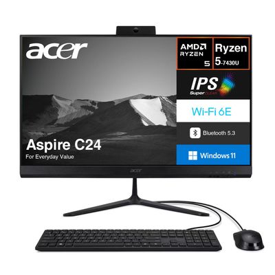 Acer Aspire C24 All-in-One (AIO) Desktop 23.8" 120 Hz IPS FHD Display (AMD Ryzen 5 7430U, 8GB DDR4, 512GB PCIe SSD, AMD Radeon, WiFi 6E, Bluetooth 5.3, Webcam, Win 11 Pro) USB Keyboard and Mouse