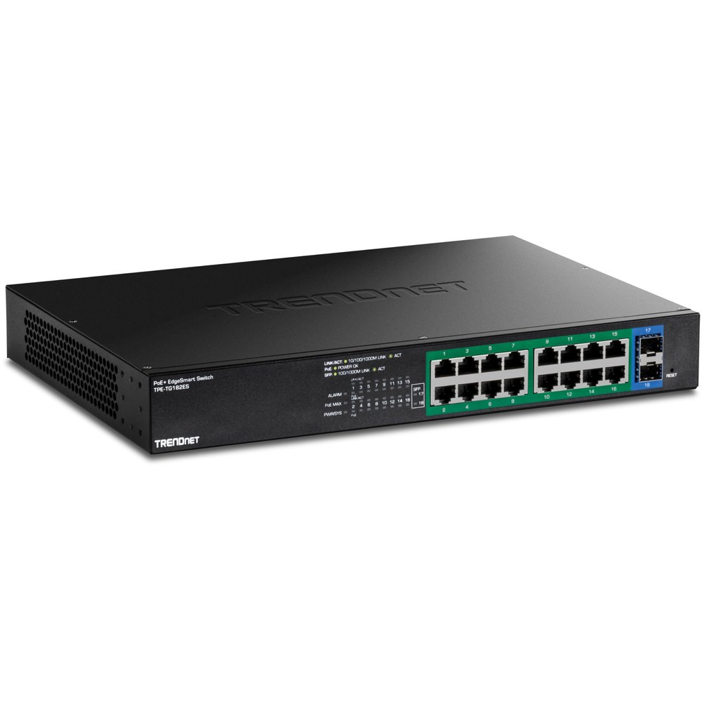TRENDnet 18-Port Gigabit EdgeSmart PoE+ Switch, TPE-TG182ES, 240W PoE Power Budget, 16 x Gigabit PoE+ Ports, 2 x Gigabit SFP Ports, Managed Network Ethernet Switch,Black (Renewed)