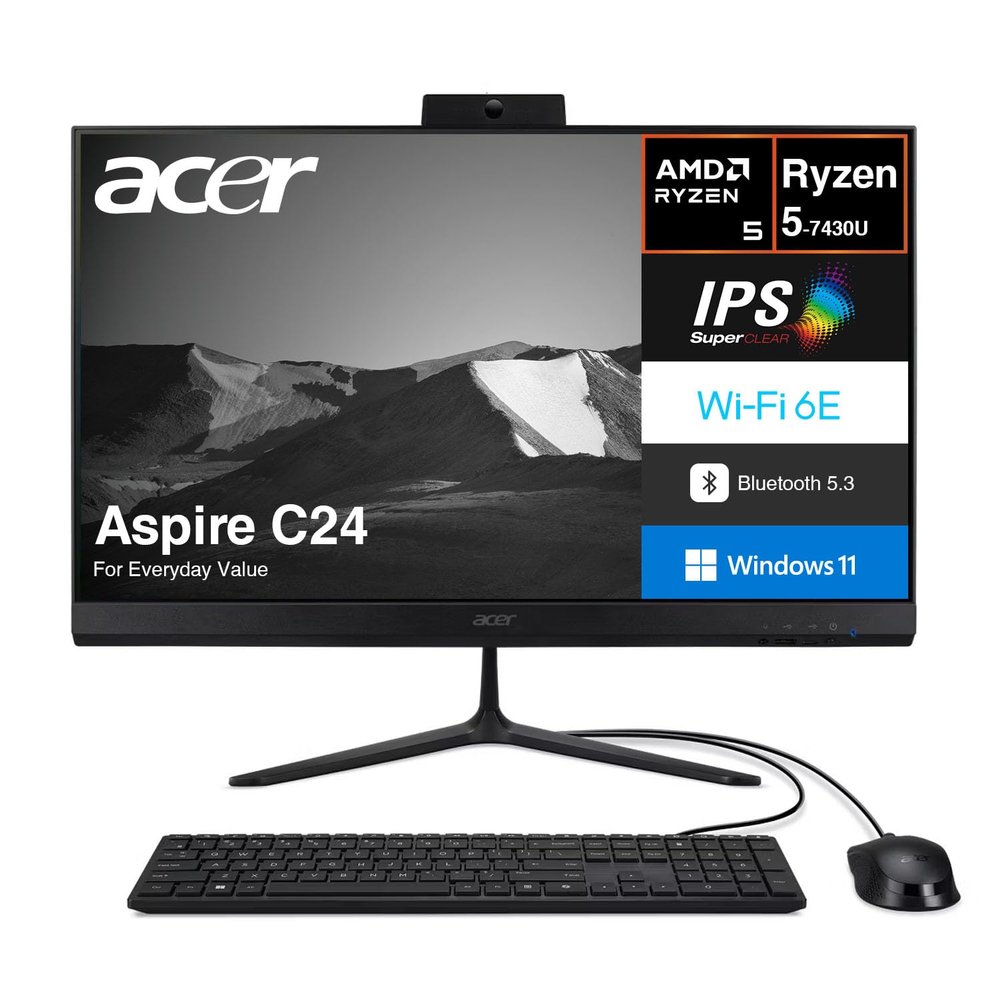 Acer Aspire C24 All-in-One (AIO) Desktop 23.8" 120 Hz IPS FHD Display (AMD Ryzen 5 7430U, 32GB DDR4, 512GB PCIe SSD, AMD Radeon, WiFi 6E, Bluetooth 5.3, Webcam, Win 11 Home) USB Keyboard and Mouse