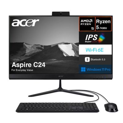 Acer Aspire C24 All-in-One (AIO) Desktop 23.8" 120 Hz IPS FHD Display (AMD Ryzen 5 7430U, 16GB DDR4, 1TB PCIe SSD, AMD Radeon, WiFi 6E, Bluetooth 5.3, Webcam, Win 11 Pro) USB Keyboard and Mouse