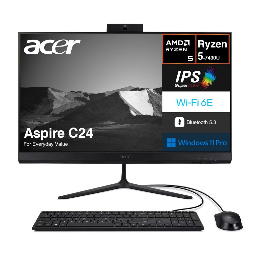 Acer Aspire C24 All-in-One (AIO) Desktop 23.8" 120 Hz IPS FHD Display (AMD Ryzen 5 7430U, 16GB DDR4, 1TB PCIe SSD, AMD Radeon, WiFi 6E, Bluetooth 5.3, Webcam, Win 11 Pro) USB Keyboard and Mouse