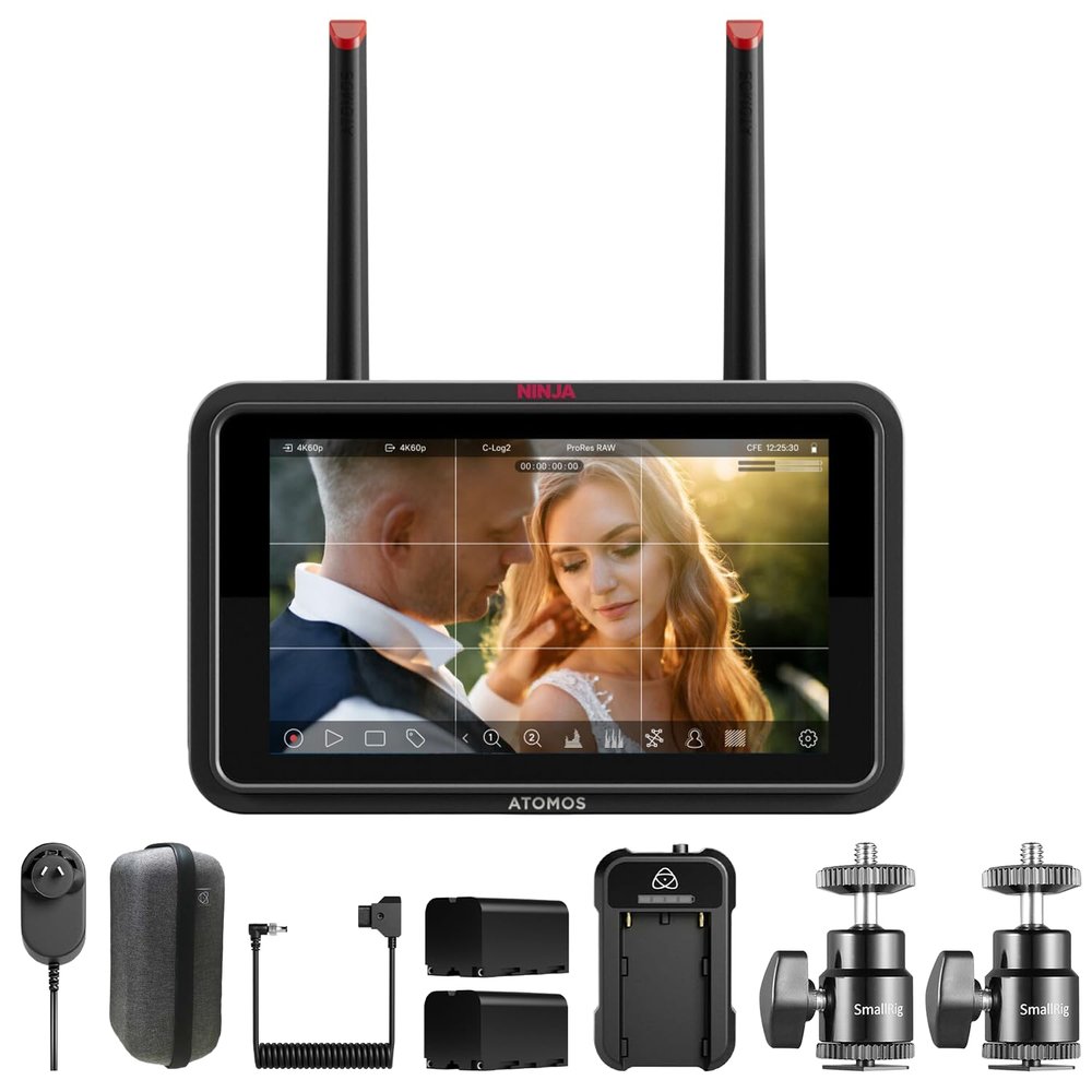 Atomos Ninja TX GO 5" Camera Monitor-recorder, HDMI CFexpress Wi-Fi - HDR Touchscreen Display with Atomos Universal Power Kit & Aluminum Alloy 1/4" Camera Hot Shoe Mount (2 Pack) - Advanced Bundle Kit