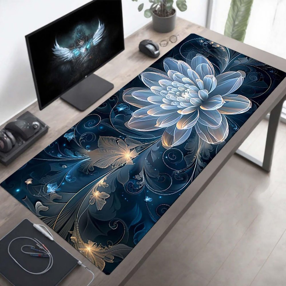 Mouse Pad Flower Gaming Mouse Pad Black Computer Desk Mat Keyboard Mat with Stitched Edges Waterproof Anti-Slip Rubber Base Smooth Surface PC for Home Office Accessories 40x16x0.12inch PjY11906 Z-4