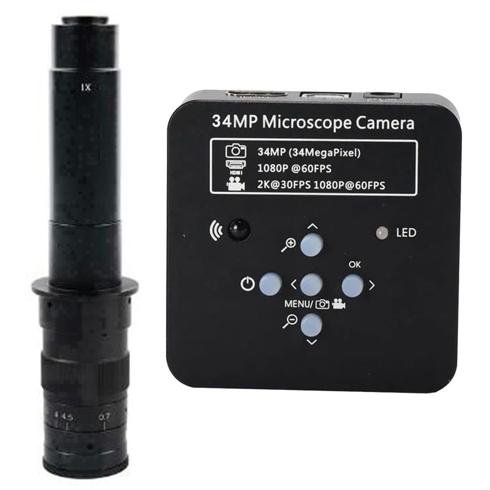 2025 34MP 2K 1080P 60FPS HDMI USB Industrial Digital Video Microscope Camera & 300X C-Mount Lens - Black