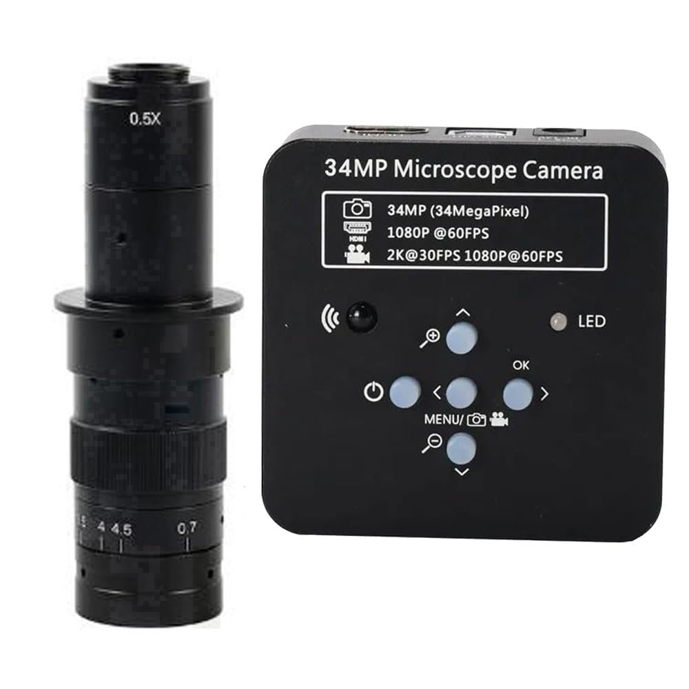 2025 34MP 2K 1080P 60FPS HDMI USB Industrial Digital Video Microscope Camera & 180X C-Mount Lens - Black