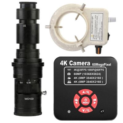 20205 NEW 4K 60MP HDMI USB TF Industrial Video Microscope Camera For Phone PCB Repair & 500X C-Mount Lens With 56-LED Adjustable Ring Light