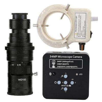 2025 34MP 2K 1080P 60FPS HDMI USB Industrial Digital Video Microscope Camera & 200X C-Mount Lens With 56-LED Adjustable Ring Light - Black