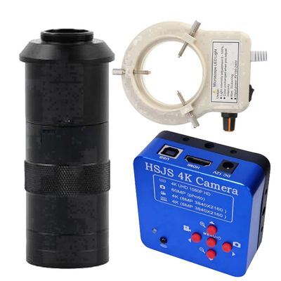 20205 HSJS 4K 60MP HDMI USB Industrial Video Microscope Camera For Phone PCB Repair & 100X C-Mount Lens With 56-LED Adjustable Ring Light