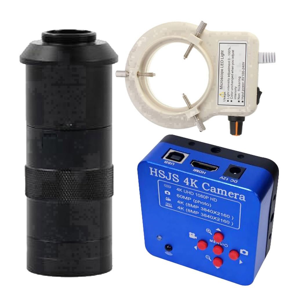 20205 HSJS 4K 60MP HDMI USB Industrial Video Microscope Camera For Phone PCB Repair & 100X C-Mount Lens With 56-LED Adjustable Ring Light