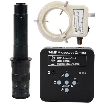 2025 34MP 2K 1080P 60FPS HDMI USB Industrial Digital Video Microscope Camera & 300X C-Mount Lens With 56-LED Adjustable Ring Light - Black