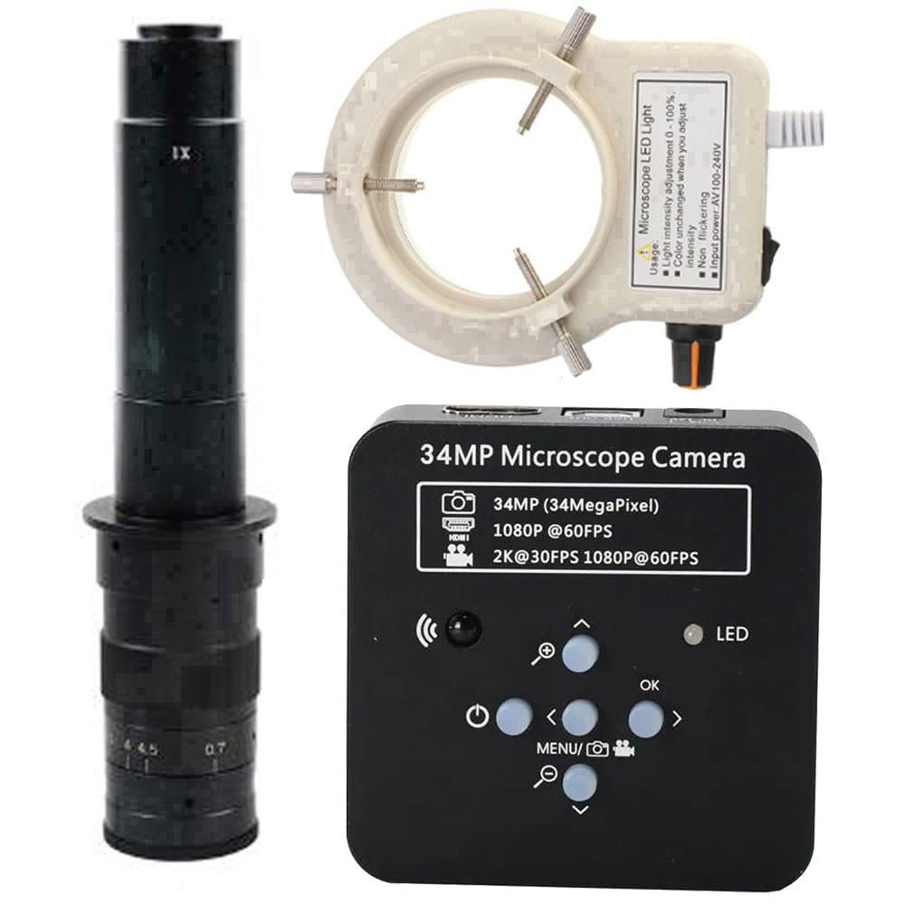 2025 34MP 2K 1080P 60FPS HDMI USB Industrial Digital Video Microscope Camera & 300X C-Mount Lens With 56-LED Adjustable Ring Light - Black