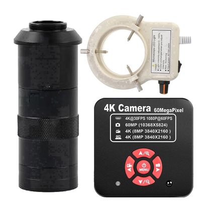 20205 NEW 4K 60MP HDMI USB TF Industrial Video Microscope Camera For Phone PCB Repair & 100X C-Mount Lens With 56-LED Adjustable Ring Light