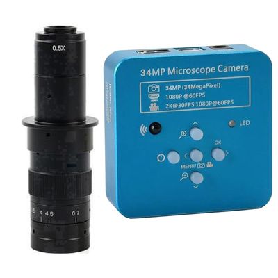 2025 34MP 2K 1080P 60FPS HDMI USB Industrial Digital Video Microscope Camera & 180X C-Mount Lens - Blue