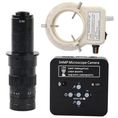 2025 34MP 2K 1080P 60FPS HDMI USB Industrial Digital Video Microscope Camera & 180X C-Mount Lens With 56-LED Adjustable Ring Light - Black