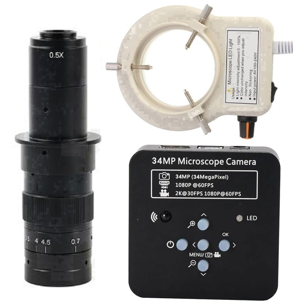 2025 34MP 2K 1080P 60FPS HDMI USB Industrial Digital Video Microscope Camera & 180X C-Mount Lens With 56-LED Adjustable Ring Light - Black