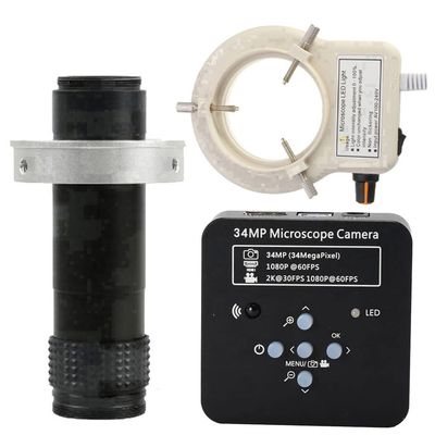 2025 34MP 2K 1080P 60FPS HDMI USB Industrial Digital Video Microscope Camera & 120X C-Mount Lens With 56-LED Adjustable Ring Light - Black