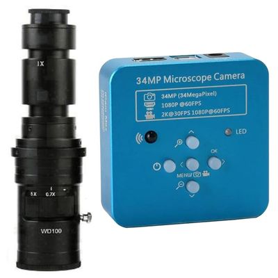 2025 34MP 2K 1080P 60FPS HDMI USB Industrial Digital Video Microscope Camera & 500X C-Mount Lens - Blue