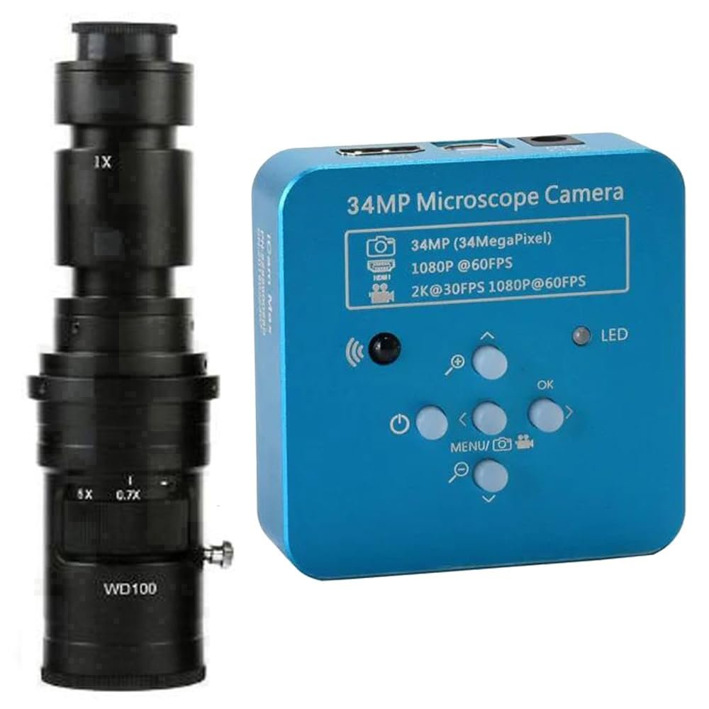 2025 34MP 2K 1080P 60FPS HDMI USB Industrial Digital Video Microscope Camera & 500X C-Mount Lens - Blue