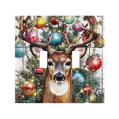 Colorful Christmas Tree Reindeer Pattern Double Toggle Wall Plate Switch Decorative Panel Electrical Socket Plate Suitable For Bathroom Kitchen Living Room Bedroom