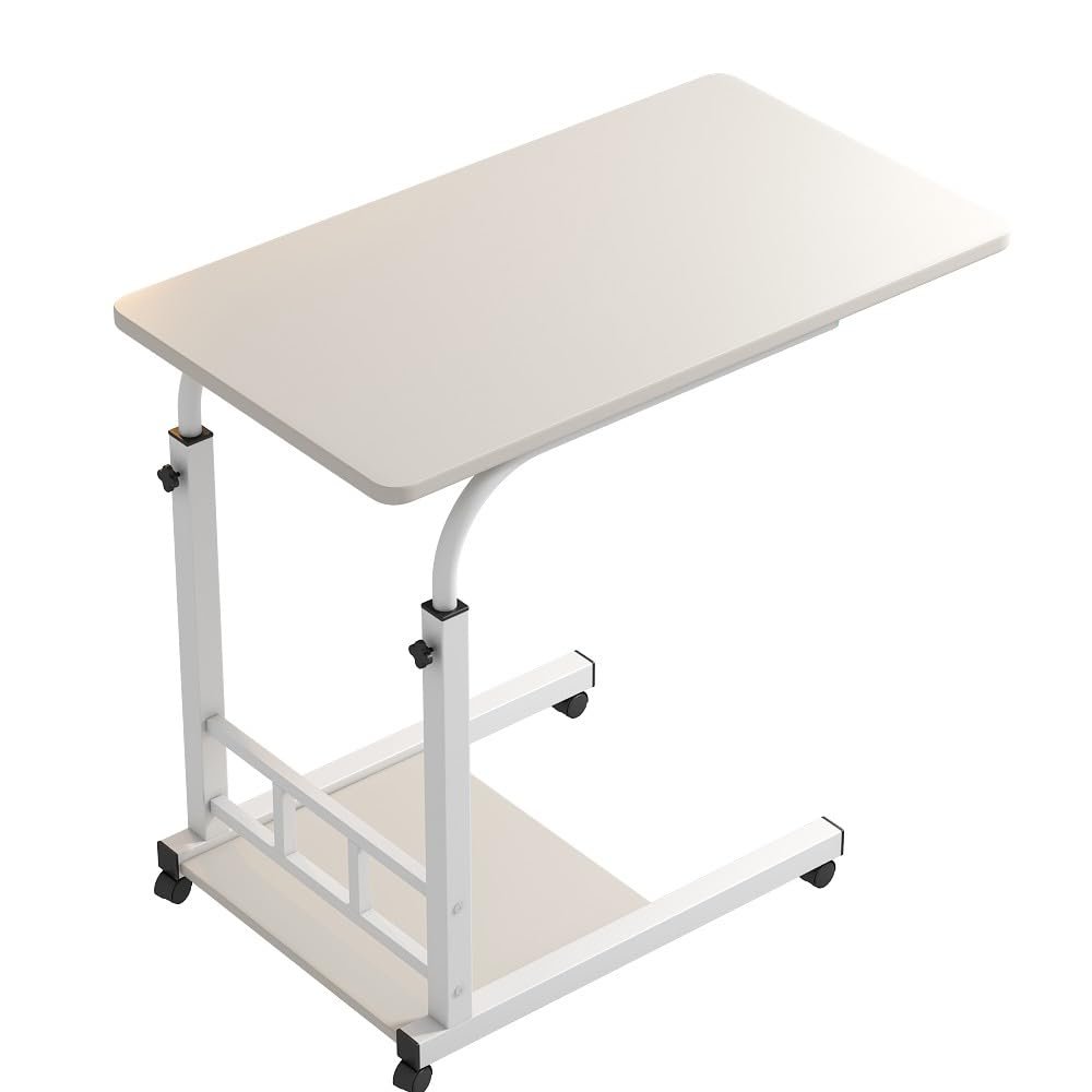 AWGTGCVY Movable Side Table, Adjustable Sofa Tray Table, Bedside Portable Table with Wheels, C-Shaped Detachable Bed Laptop Table, Suitable for Living Room and Bedroom, Black. (Warm White)
