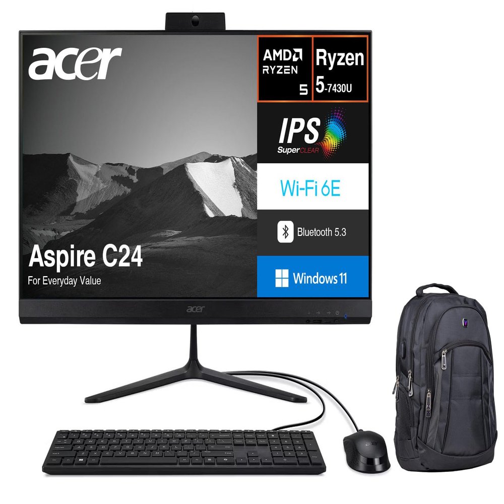 Acer Aspire C24 Everyday Value All-in-One 23.8" IPS FHD Display (AMD Ryzen 5 7430U, 16GB DDR4, 2TB PCIe SSD, AMD Radeon, WiFi 6E, Webcam, Bluetooth 5.3, Win 11 Home) w/Premium Backpack