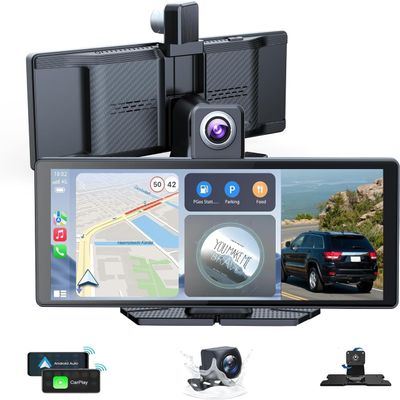 10.26" Wireless Portable Carplay Screen CarPlay & Android Auto Car Stereo 360 Rotation 4K Dash Cam 1080p Rear Camera Mirror Link Voice Control GPS Navigation(SD Card Excluded)