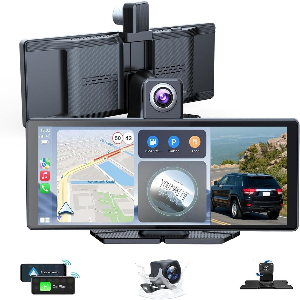 10.26" Wireless Portable Carplay Screen CarPlay & Android Auto Car Stereo 360 Rotation 4K Dash Cam 1080p Rear Camera Mirror Link Voice Control GPS Navigation(SD Card Excluded)