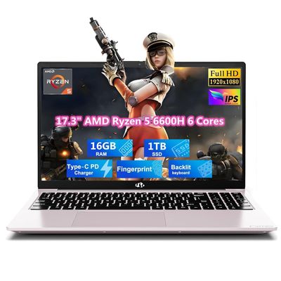 17.3" IPS FHD Gaming Laptop, 16GB DDR5 RAM 1TB SSD AMD Ryzen 5 6600H 6 Cores (Beat i7-1165G7, Up to 4.5GHz) Radeon 660M GPU-Computer with 100W Type-C Backlit Keyboard Fingerprint Win 11 Rose Gold