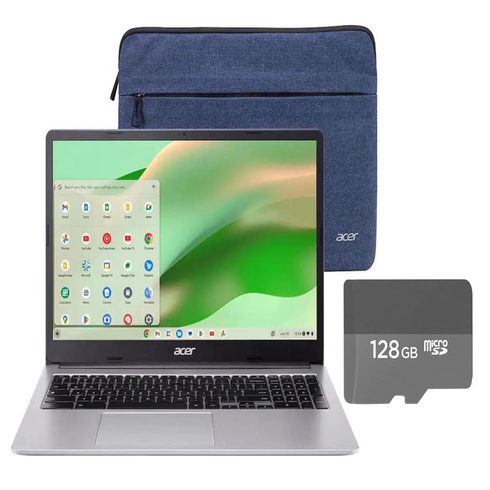 acer Chromebook 15.6" Full HD Laptop | Intel Celeron N4500 | Integrated UHD Graphics | Protective Sleeve| Silver | 4GB RAM | 192GB SSD (64GB+128GB SD Card) | Chrome OS | Bundle with 128GB SD Card