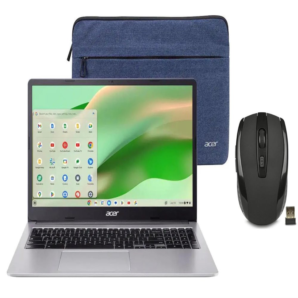 acer Chromebook 15.6" Full HD Laptop | Intel Celeron N4500 | Integrated UHD Graphics | Protective Sleeve| Silver | 4GB RAM | 64GB SSD | Chrome OS | Bundle with Wireless Mouse
