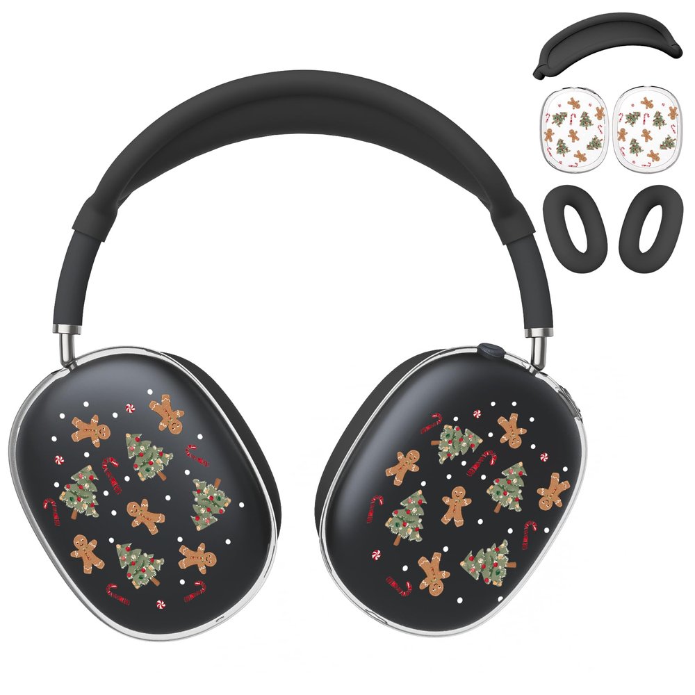 BlHMCASE Headphone Cover for AirPods Max, Cute Christmas Tree Gingerbread Man Clear Ear Cups Covers, Black Silicone Ear Pad Case Headband Cover for Apple AirPods Max