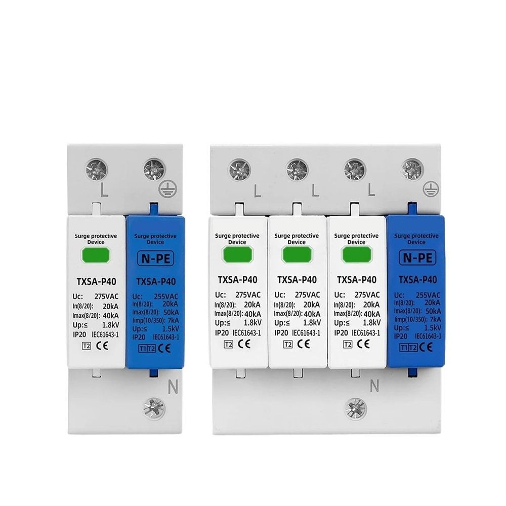 TXST-P40 AC SPD Din Rail 1P+NPE 3P+NPE 50KA T1 T2 385V 275V 255V House Surge Protector Protective Low-Voltage Device Lightning Arrester(275V,1P NPE)