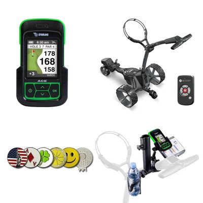 Izzo Swami ACE Golf GPS Rangefinder Bundle with Motocaddy ME Remote Electric Golf Caddy, Essential Accessory Pack, and 5 Ball Markers
