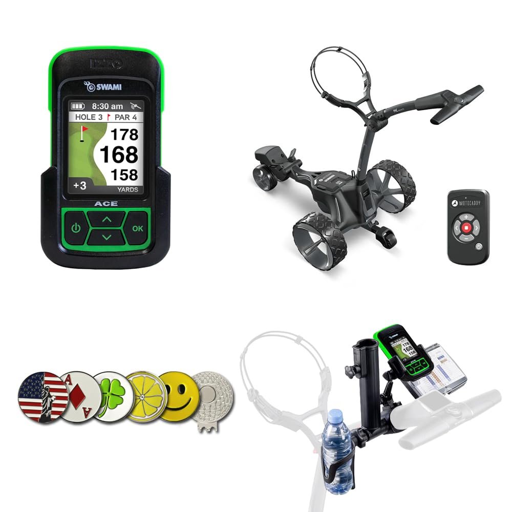 Izzo Swami ACE Golf GPS Rangefinder Bundle with Motocaddy ME Remote Electric Golf Caddy, Essential Accessory Pack, and 5 Ball Markers
