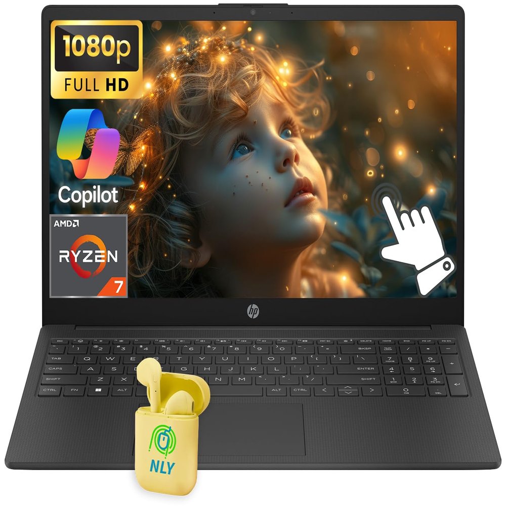 HP 15 Laptop, 15.6" FHD IPS Touch Screen Student Business Laptop Computer, 32GB RAM 1TB SSD, AMD Ryzen 7 Processor, AI Copilot, Wi-Fi 6, Windows 11, Numeric Keypad, HD Webcam, NLY Earphones, Black