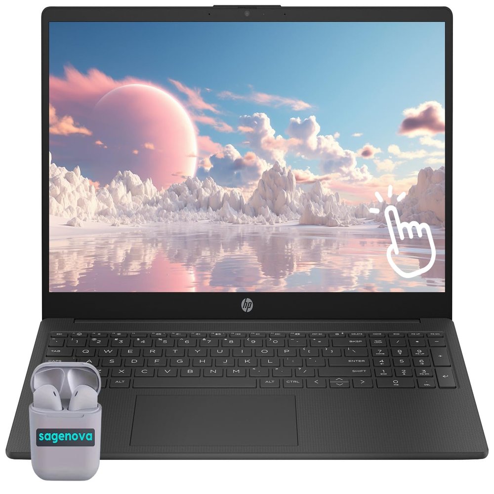 HP Touch Screen Laptop, 15.6" FHD IPS LED Touchscreen Business and Student Laptop Computer, Windows 11 Home 16GB RAM 512GB SSD, AMD Ryzen 7 5825U, Numeric Keypad, SageNova Earphones, Black