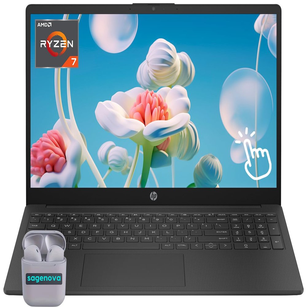 HP 15.6" Touchscreen Laptop Computer, Windows 11 Home 32GB RAM 1TB SSD, AMD Ryzen 7 5825U, FHD 1920 x 1080 IPS LED Display, Numeric Keypad, Camera Privacy Shutter, SageNova Earphones, Black