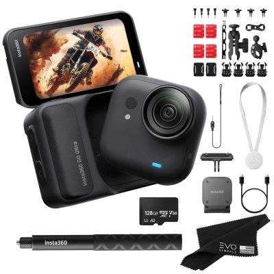 Insta360 GO Ultra Standard Black Motorcycle Bundle- Tiny Mighty Hands-Free 4K Cam, Lightweight, Low Light Excellence| Bundle Includes Selfie Stick, Quick Release Mount, Moto Bundle, 128GB Card
