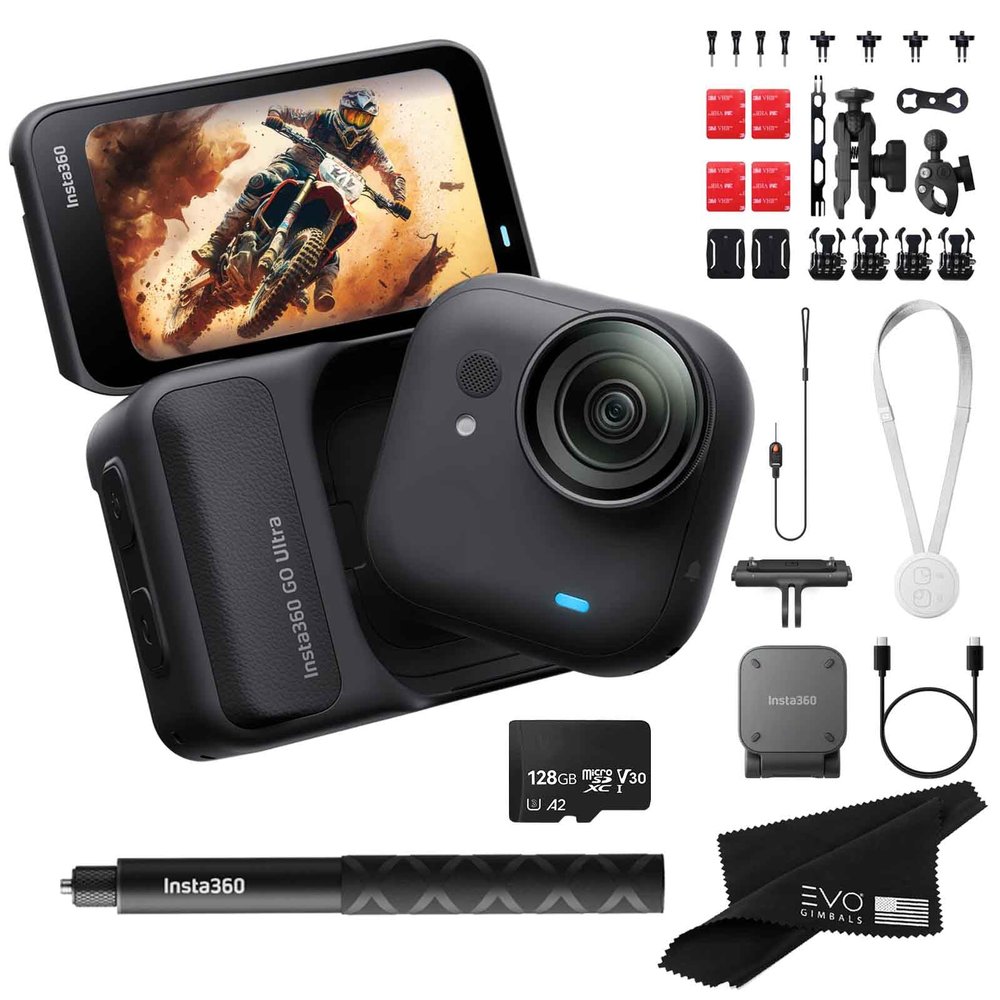 Insta360 GO Ultra Standard Black Motorcycle Bundle- Tiny Mighty Hands-Free 4K Cam, Lightweight, Low Light Excellence| Bundle Includes Selfie Stick, Quick Release Mount, Moto Bundle, 128GB Card