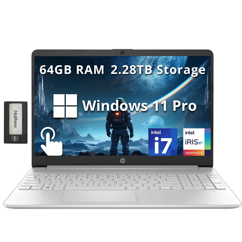 HP 15.6" FHD Touchscreen Business Laptop, Intel i7-1255U, 64GB RAM, 2.28TB Storage (2TB SSD+288GB Docking Station Set), Intel Iris Xe Graphics, Full-Size Keyboard, HD Webcam, Windows 11 Pro, Silver