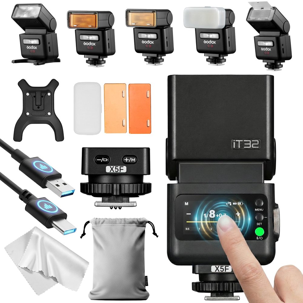 Godox IT32 TTL Camera Flash with X5F Flash Trigger for Fujifilm Cameras, Magnetic Hotshoe & Trigger 2-in-1,Colorful Touch Screen,Rotatable Flash Head,TTL&HSS,LED Modeling Light,Creative Accessories