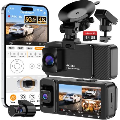 3 Channel 4K Dash Cam Front and Rear Inside, Wide-Angle 360 Camera for Car with 64GB Card Included, Durable Material Dash Camera with Loop Recording, Night Vision, G-Sensor, 5GHz WiFi, 24Hr Parking
